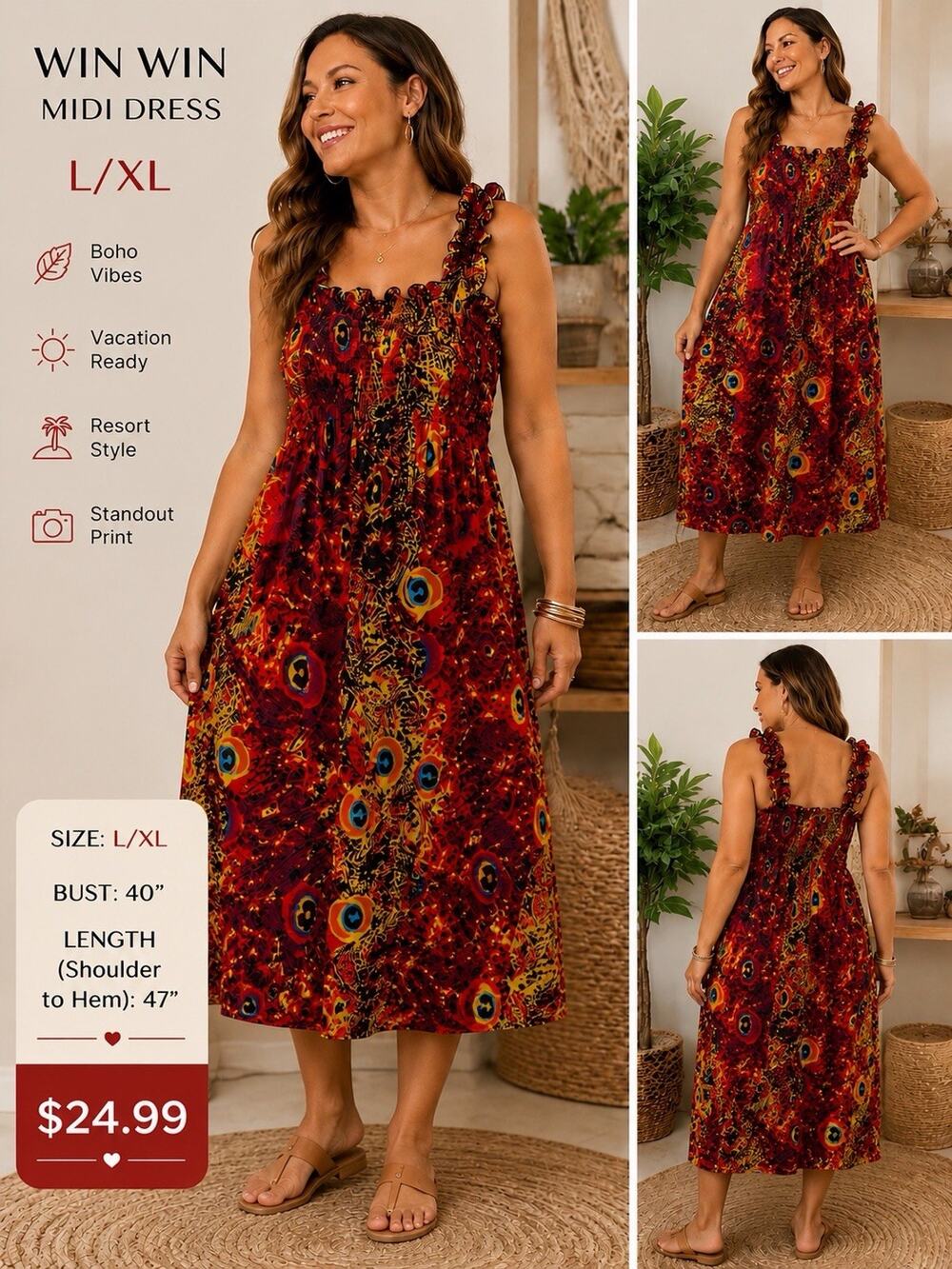 WinWin L/XL Smocked Multicolor Maxi Dress Peacock Print Boho Sleeveless Sundress